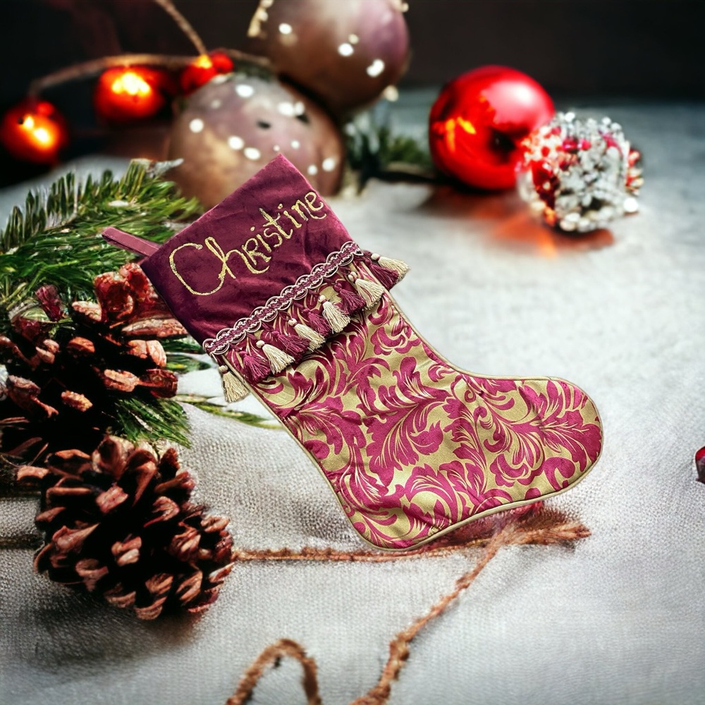 Personalized Christmas stocking “Christine” burgundy and gold with tassels.